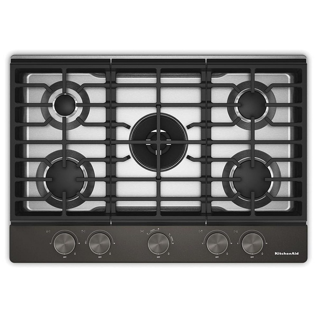 Top-down view of KitchenAid KCGK730SBE Black Ore gas cooktop showing five sealed burners, continuous cast iron grates, integrated wok grate at center, and five front-mounted control knobs