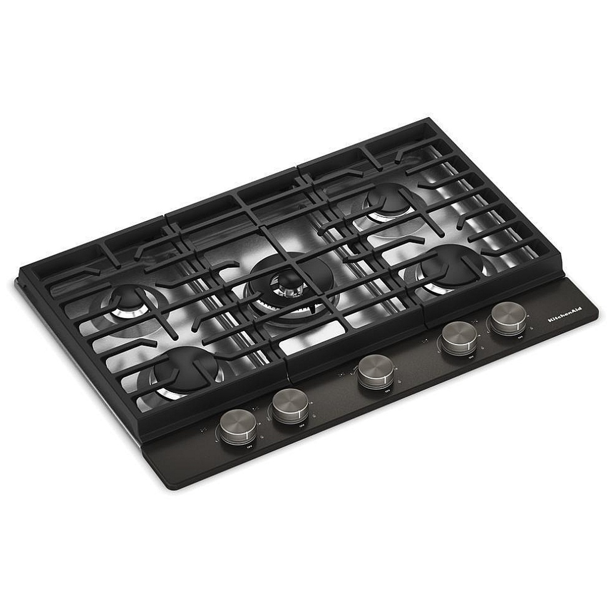 Angled three-quarter view of KitchenAid KCGK730SBE Black Ore gas cooktop showing the full body, cast iron grates, sealed burners and five premium weighted front control knobs
