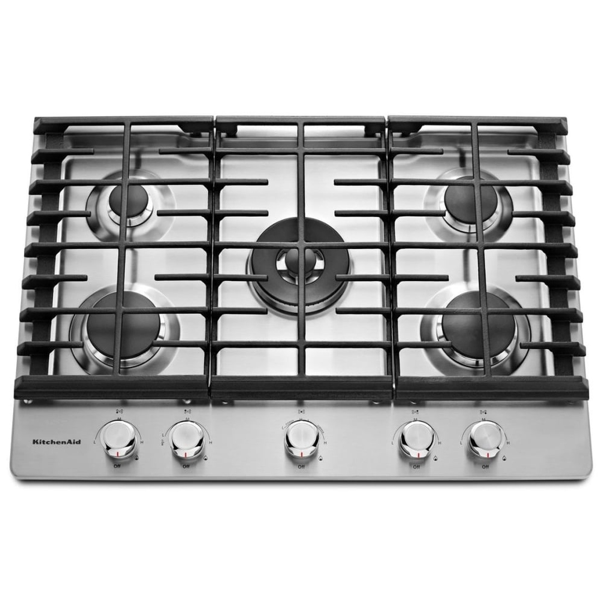 Top view of a KitchenAid 30-inch stainless gas cooktop with five sealed burners, three cast-iron grates, and five front control knobs