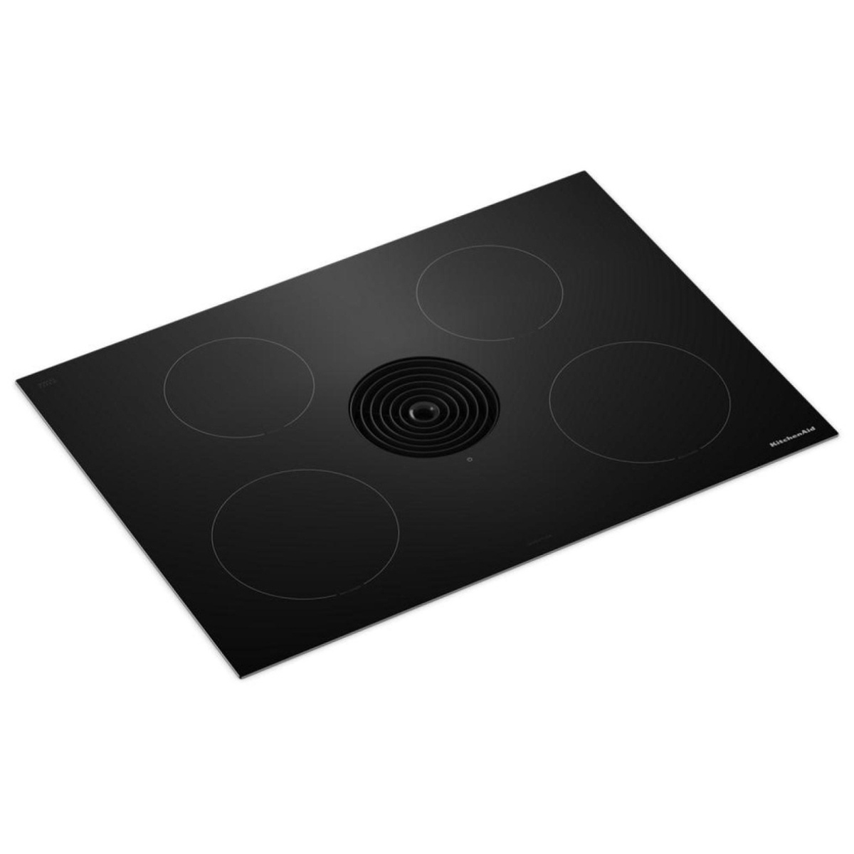 Angled perspective view of the KitchenAid KCID930SBL 30-inch black glass induction downdraft cooktop showing all four cooking zone outlines and the center downdraft vent housing