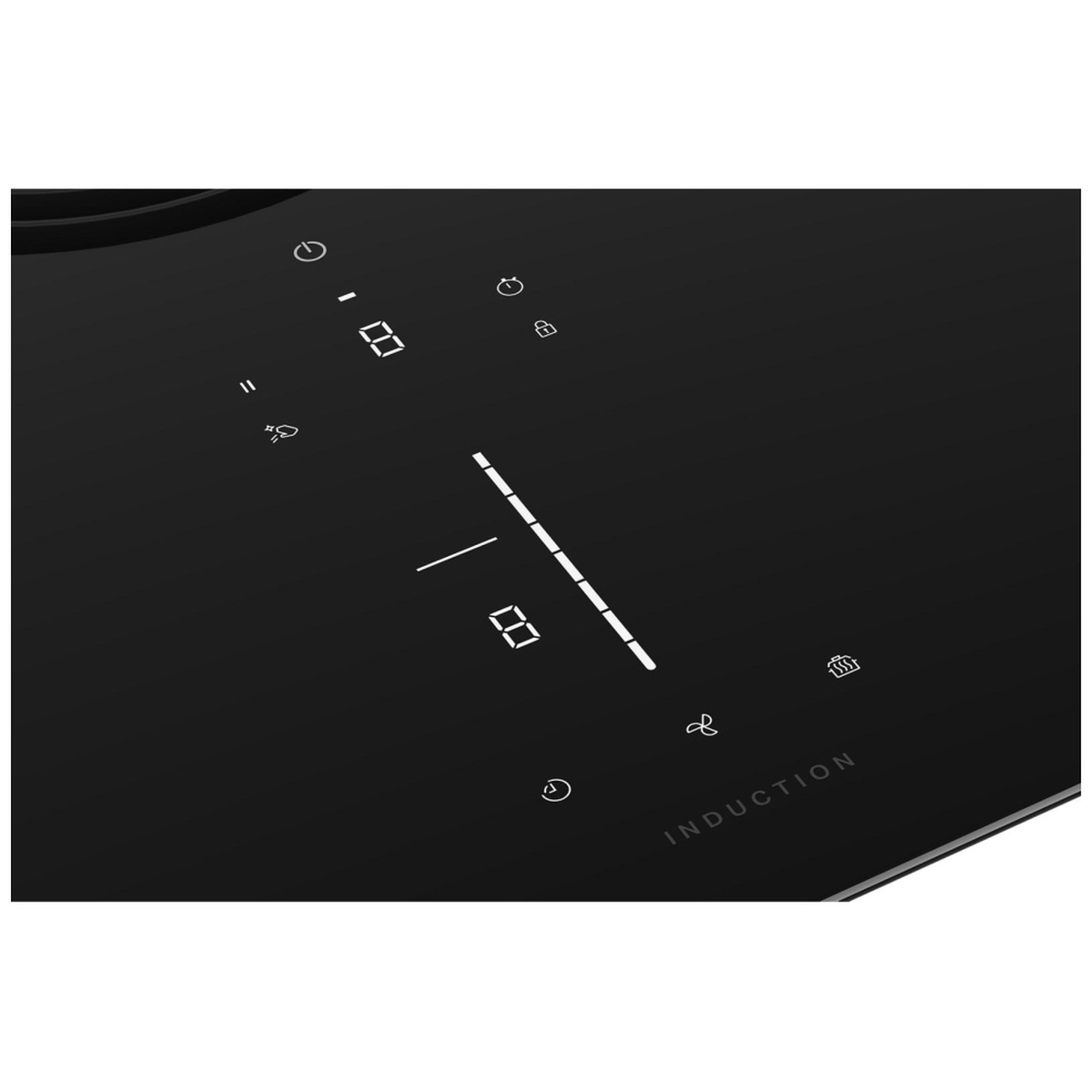 Close-up of the KitchenAid KCID930SBL sliding touch control panel showing the vertical heat slider, digital power level displays, timer icon, control lock icon and fan controls on a black glass surface