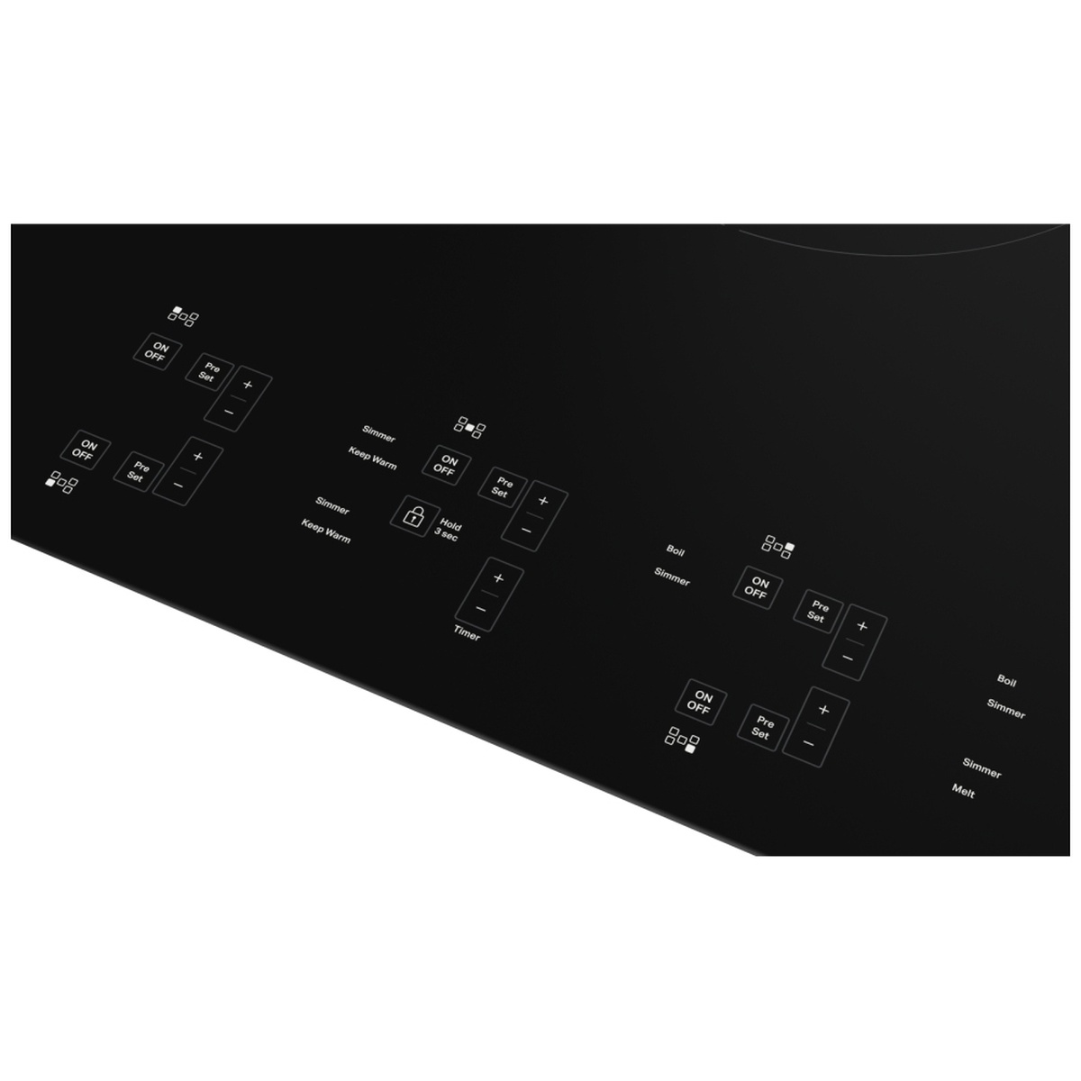 Close-up of the KitchenAid KCIG550JBL touch control panel showing ON/OFF, Pre Set, plus and minus, Simmer, Keep Warm, Boil, Melt, Timer and Control Lock buttons across all five elements
