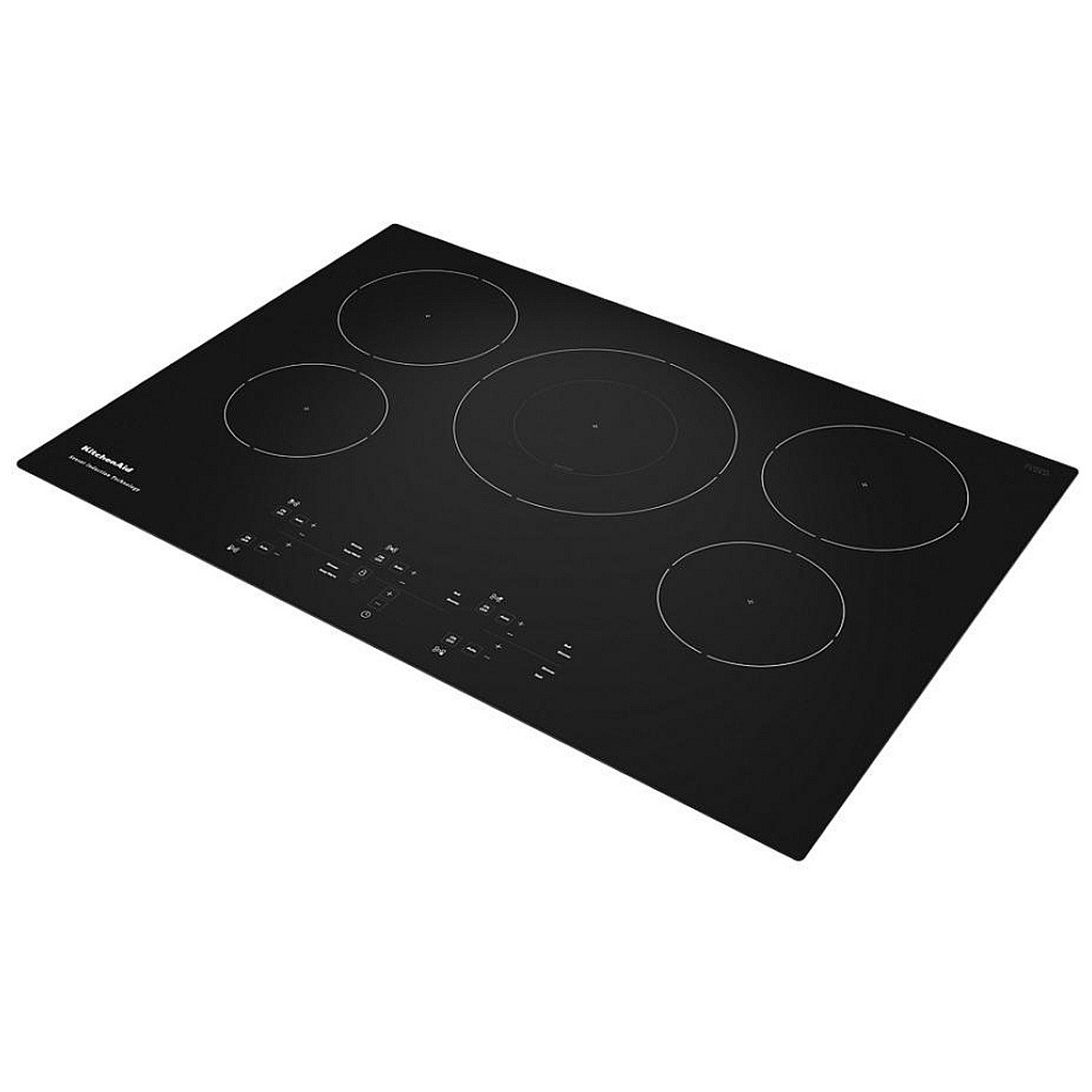 Angled three-quarter view of the KitchenAid KCIG550JBL black glass induction cooktop showing the frameless edge-to-edge surface and five element zones