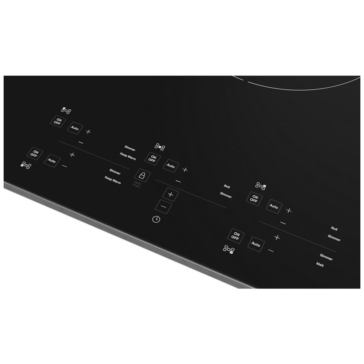 Close-up of the KitchenAid KCIG550JSS front touch control panel showing ON/OFF buttons, Auto presets, Simmer, Keep Warm, Boil labels, control lock, and timer
