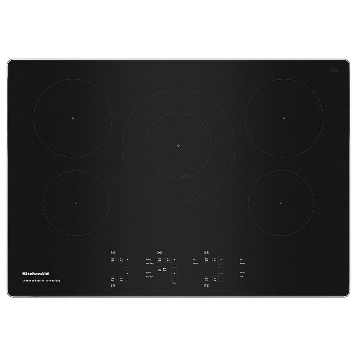 Top-down view of the KitchenAid KCIG550JSS showing all five induction element zones and front touch controls with Sensor Induction Technology label