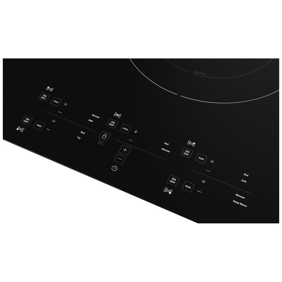 Close-up of the KitchenAid KCIG556JBL front tap-touch control panel showing ON/OFF, Auto, Boil, Fry, Simmer, Melt, Keep Warm, Grill labels and a control lock button with the center dual zone visible above
