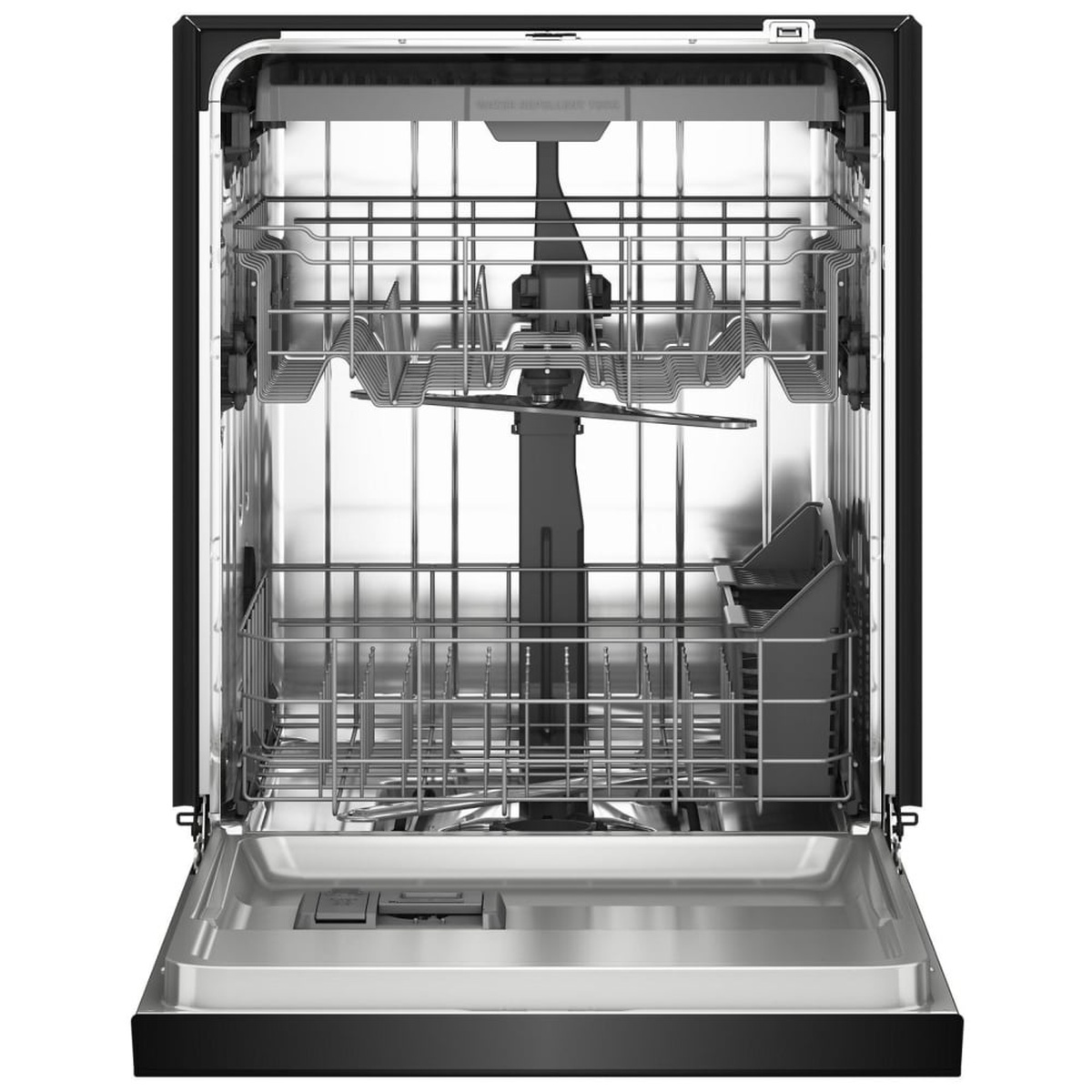 KitchenAid KDFS224SBL interior showing stainless steel tub, three racks, upper utensil rack with water-repellent tray, and multiple wash arms