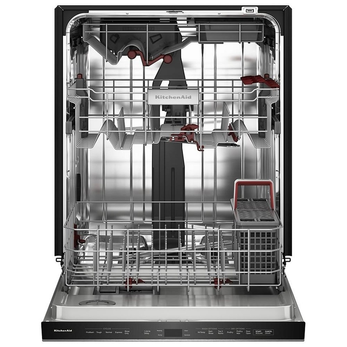 Open KitchenAid dishwasher showing stainless steel tub, three rack layout, and top control panel