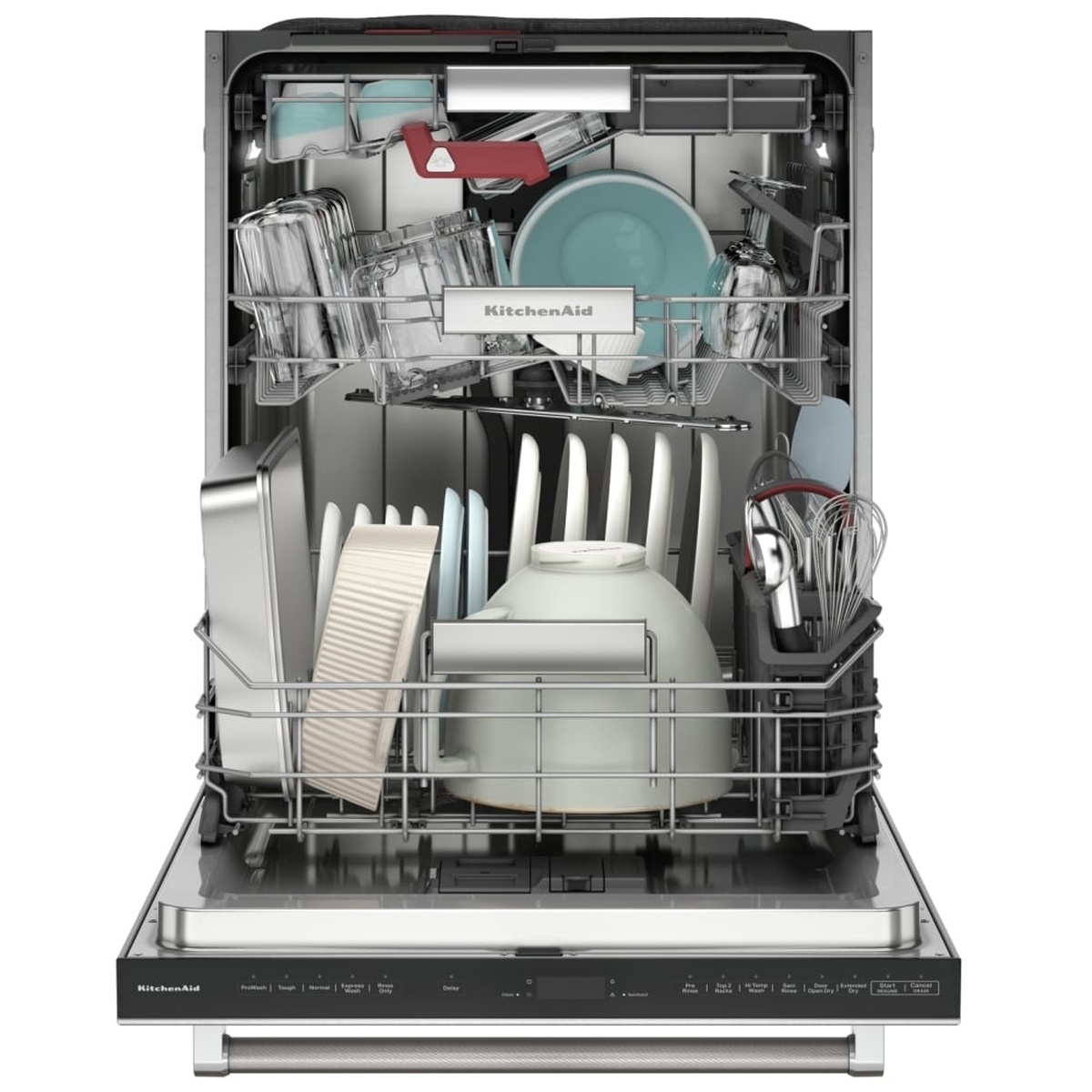 KitchenAid KDTF924PPS interior fully loaded with dishes, bowls, cookware and utensils across three racks