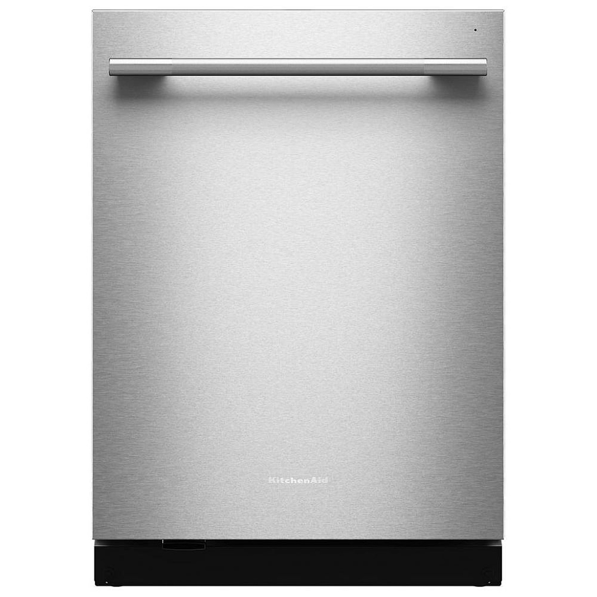 Front view of KitchenAid dishwasher in PrintShield stainless finish with towel bar handle