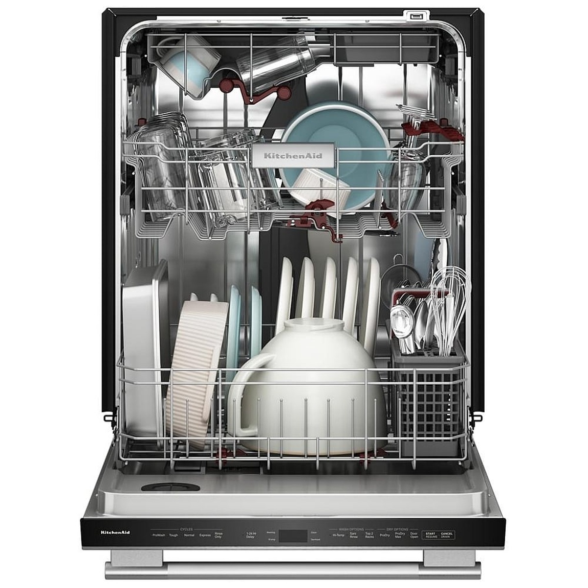 Open KitchenAid dishwasher showing stainless-steel interior with racks loaded with dishes