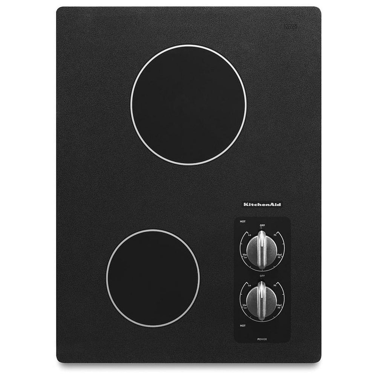 KitchenAid KECC056RBL black ceramic-glass cooktop showing two radiant heating elements and dual front-mounted control knobs