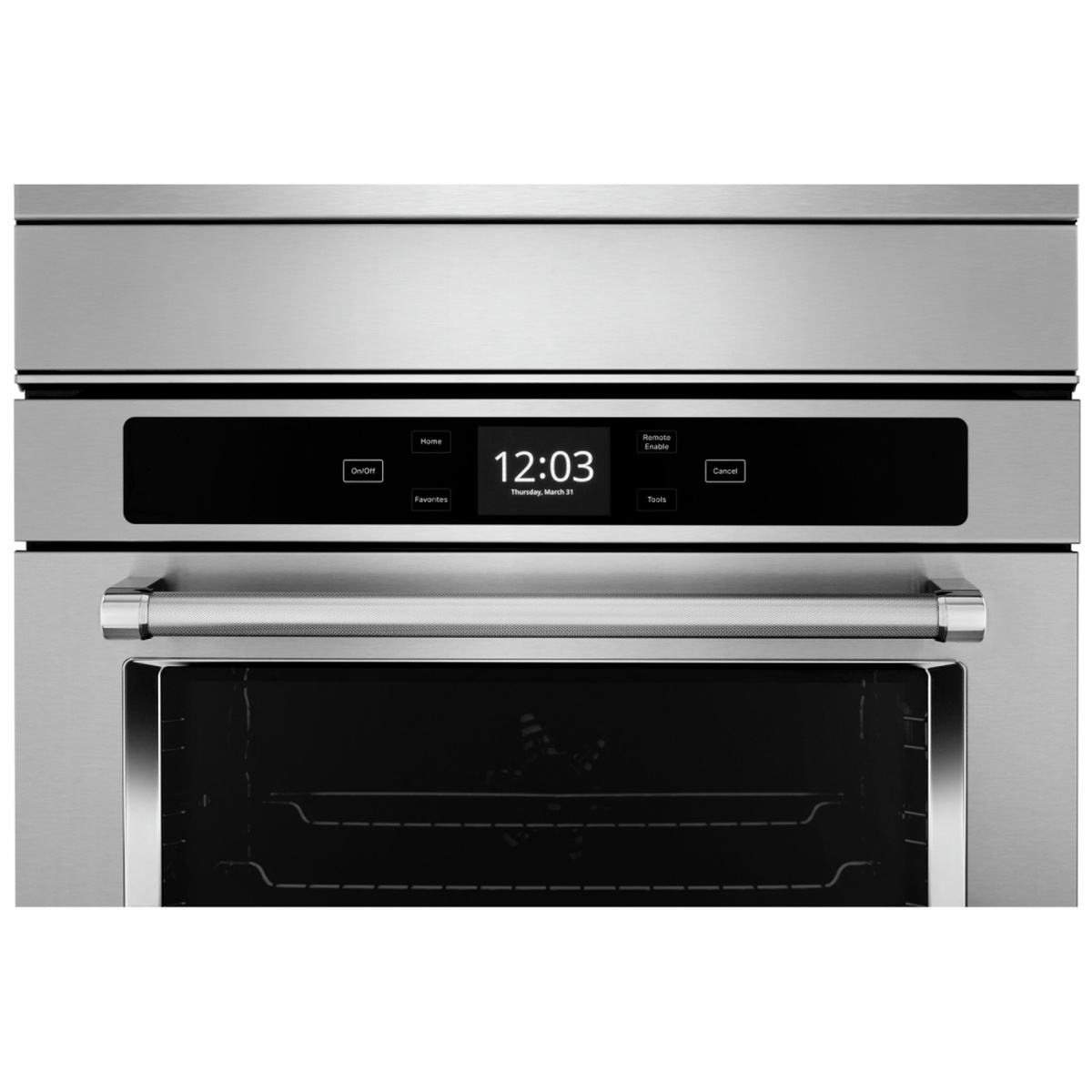 Close-up of the KitchenAid KODC504PPS full-color LCD glass touch control panel showing time, Home, Favorites, Remote Enable, Tools, and Cancel touch buttons