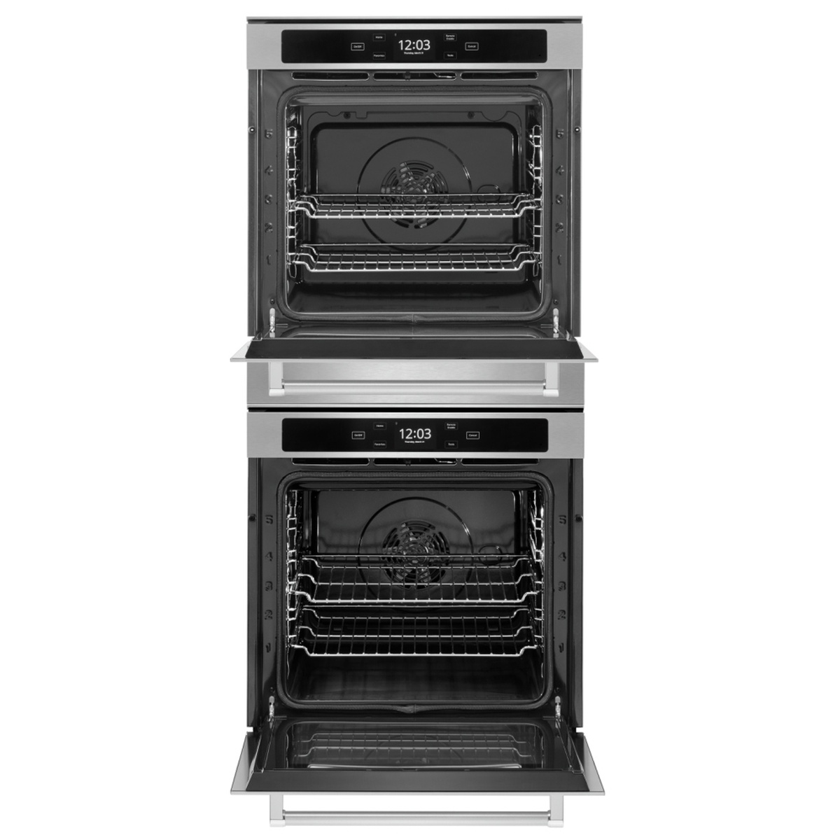 KitchenAid KODC504PPS double wall oven with both doors open, showing multiple oven racks and convection fan elements visible in each cavity