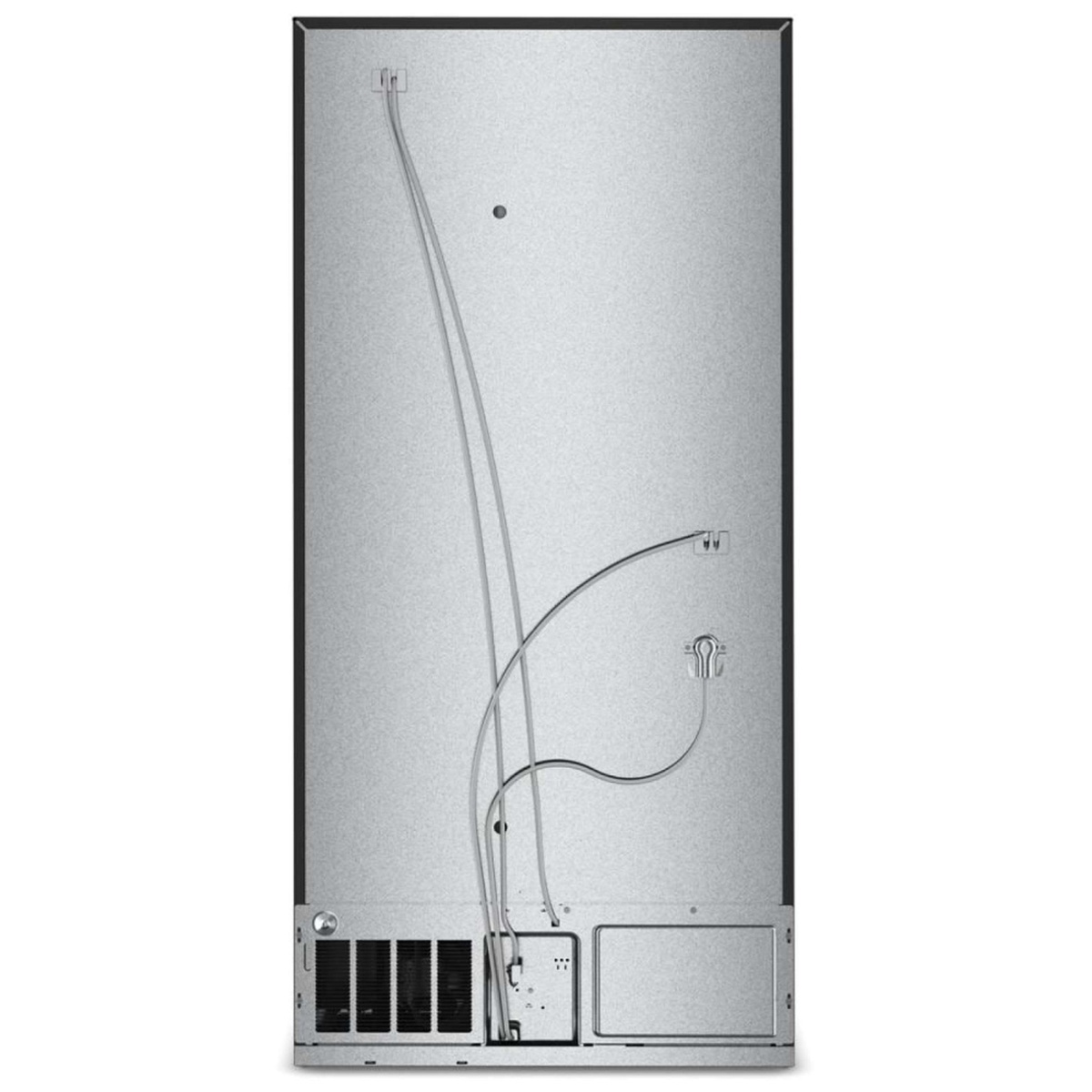 Rear panel of the KitchenAid KRBL130SPS refrigerator showing refrigeration lines, compressor area, and freestanding installation-ready design