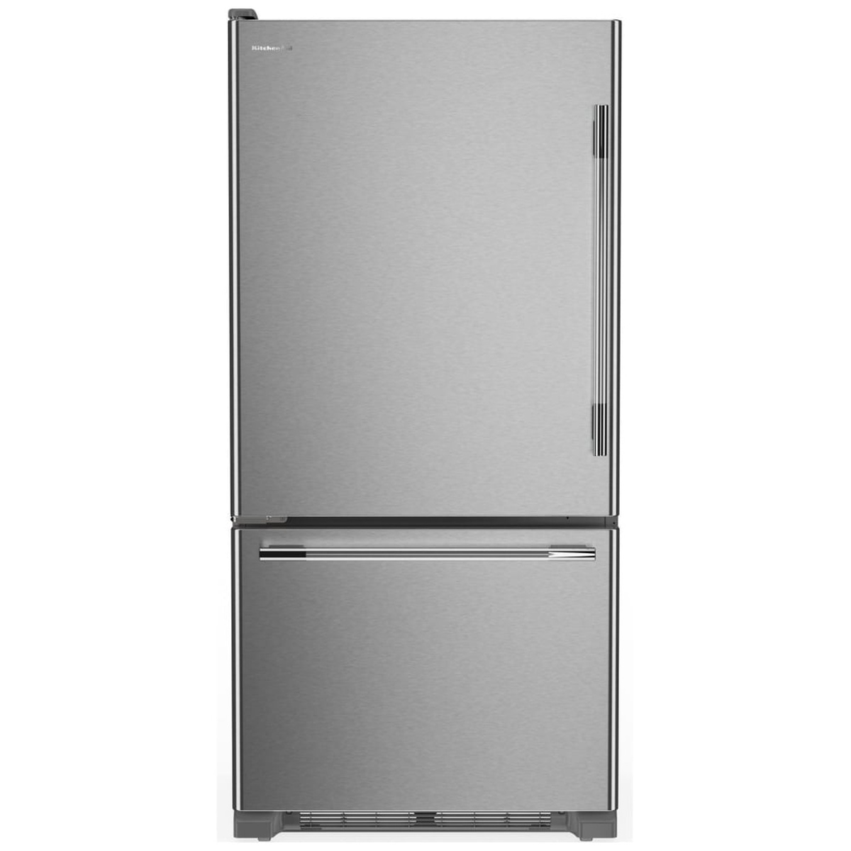 KitchenAid KRBL130SPS stainless steel bottom freezer refrigerator front view with pull-out freezer drawer and bar handle