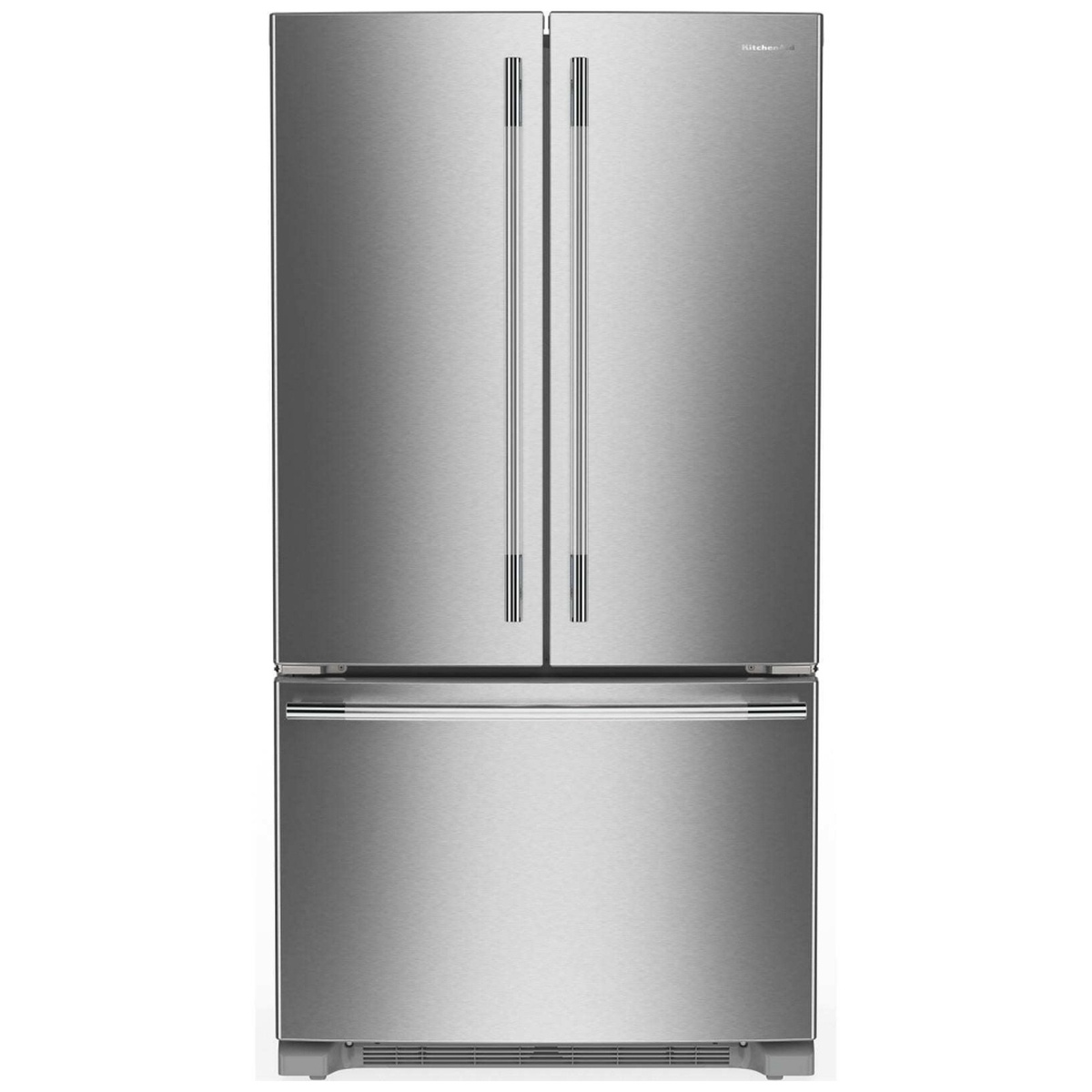 KitchenAid KRFF136SPS French door refrigerator closed, front view, in PrintShield stainless steel finish with contour doors and reach-through handles