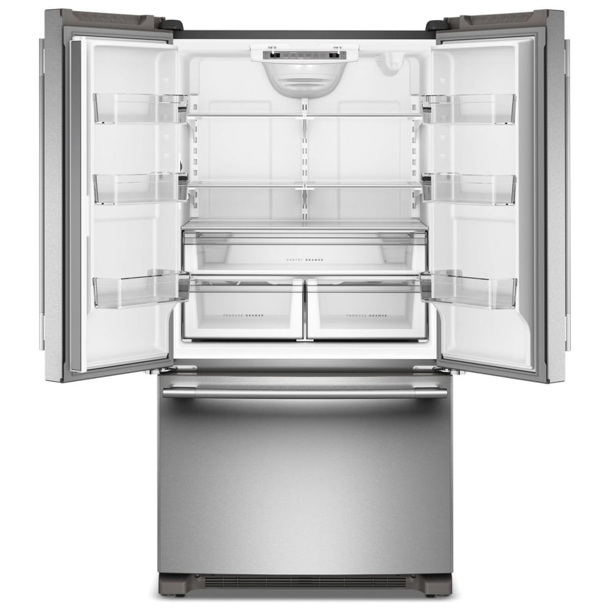 KitchenAid KRFF136SPS interior with both refrigerator doors open, showing adjustable glass shelves, full-width pantry drawer, two produce crisper drawers, door bins, and interior control panel