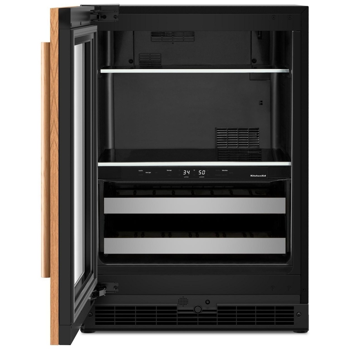 KitchenAid KUBL524SPA with door open showing empty interior, full-width shelves in the upper zone, metal-front wine racks in the lower zone, and the backlit touch control panel on the zone divider