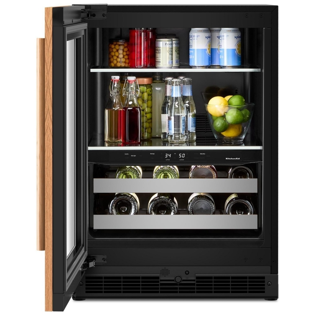 KitchenAid KUBL524SPA beverage center with door open, upper shelves stocked with canned beverages and bottles, and lower metal-front wine racks holding wine bottles