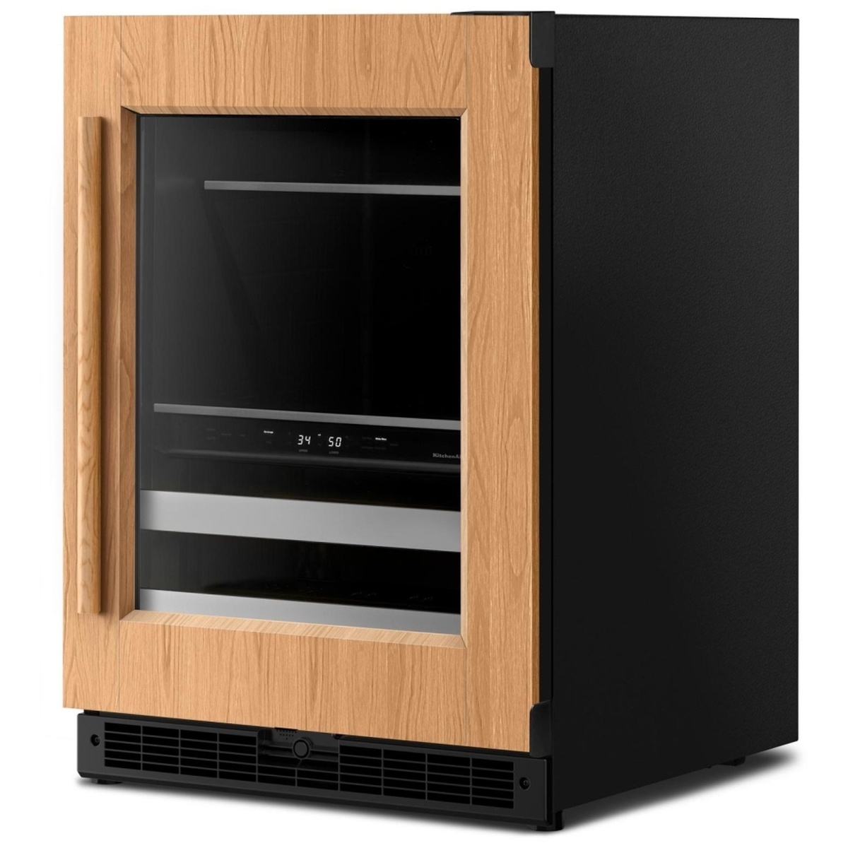 KitchenAid KUBR524SPA beverage center angled exterior view with wood panel door partially open, showing interior shelves, zone divider control panel displaying temperatures, and black cabinet surround