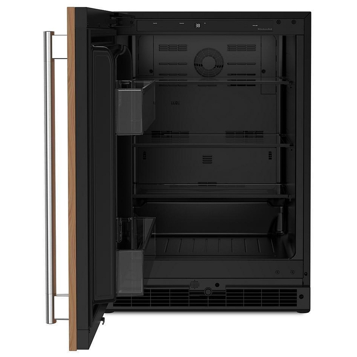 KitchenAid KURL124SPA interior open view showing glass shelves, removable door bins, and backlit digital touch control panel at top