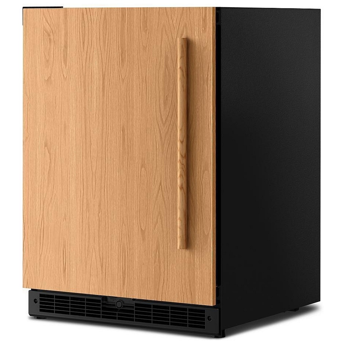 KitchenAid KURL124SPA angled exterior view showing panel-ready wood-finish door, left-hinge swing, and textured black painted steel cabinet with black base grille