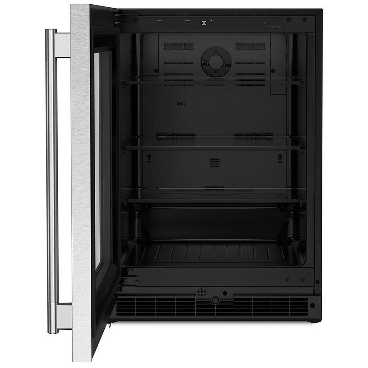 KitchenAid KURL324SSB open door view showing interior glass shelves, digital control panel at top, and cooling fan
