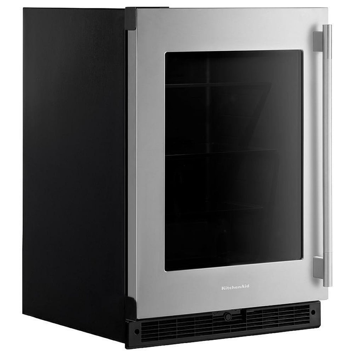 KitchenAid KURL324SSB three-quarter angle exterior view showing stainless steel frame, glass door, black cabinet sides, and reach-through handle
