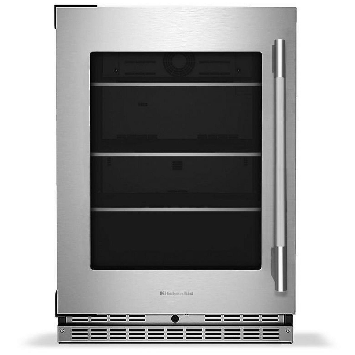 KitchenAid KURL524SPS front view showing PrintShield stainless steel exterior, glass door, vertical reach-through handle, and stainless base grille