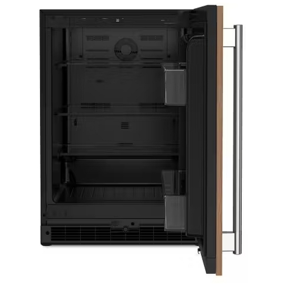 KitchenAid KURR124SPA interior open view showing dark interior walls, glass shelves with metallic accents, and two full-width door bins