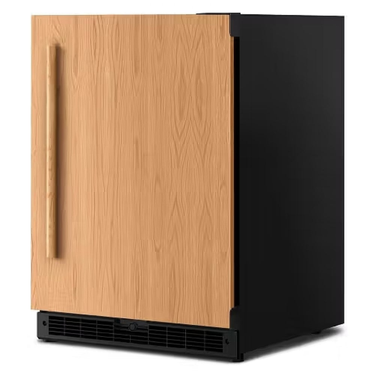 KitchenAid KURR124SPA angled exterior view showing wood-panel ready door against textured black painted steel cabinet sides and black base grille