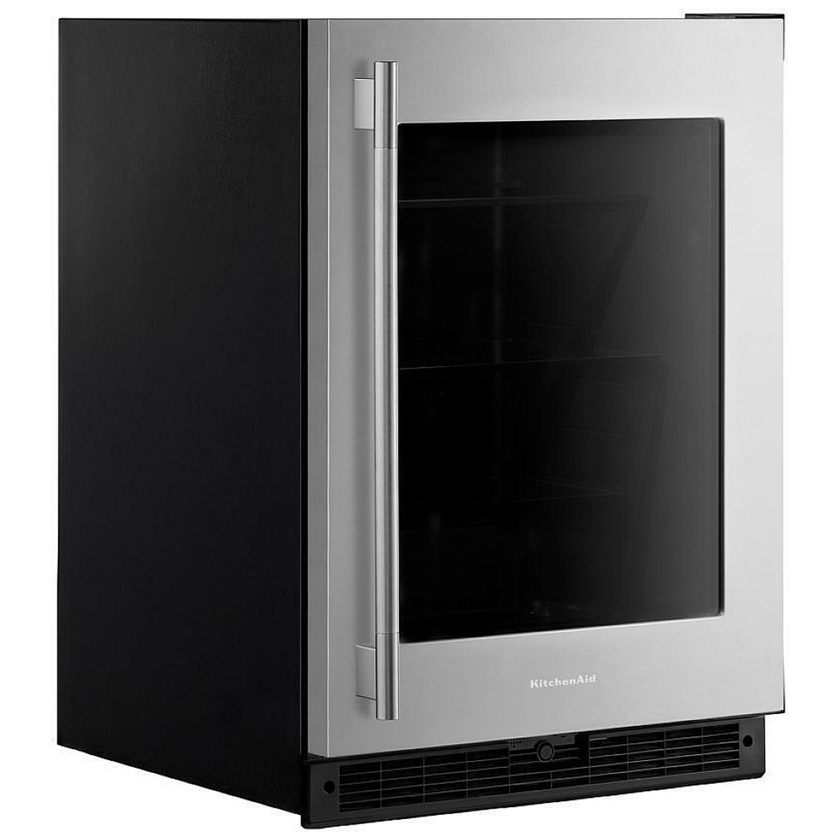 KitchenAid KURR324SSB undercounter refrigerator shown at an angle, highlighting the stainless steel framed glass door, vertical reach-through handle, black painted steel cabinet, and glass shelves visible through the door