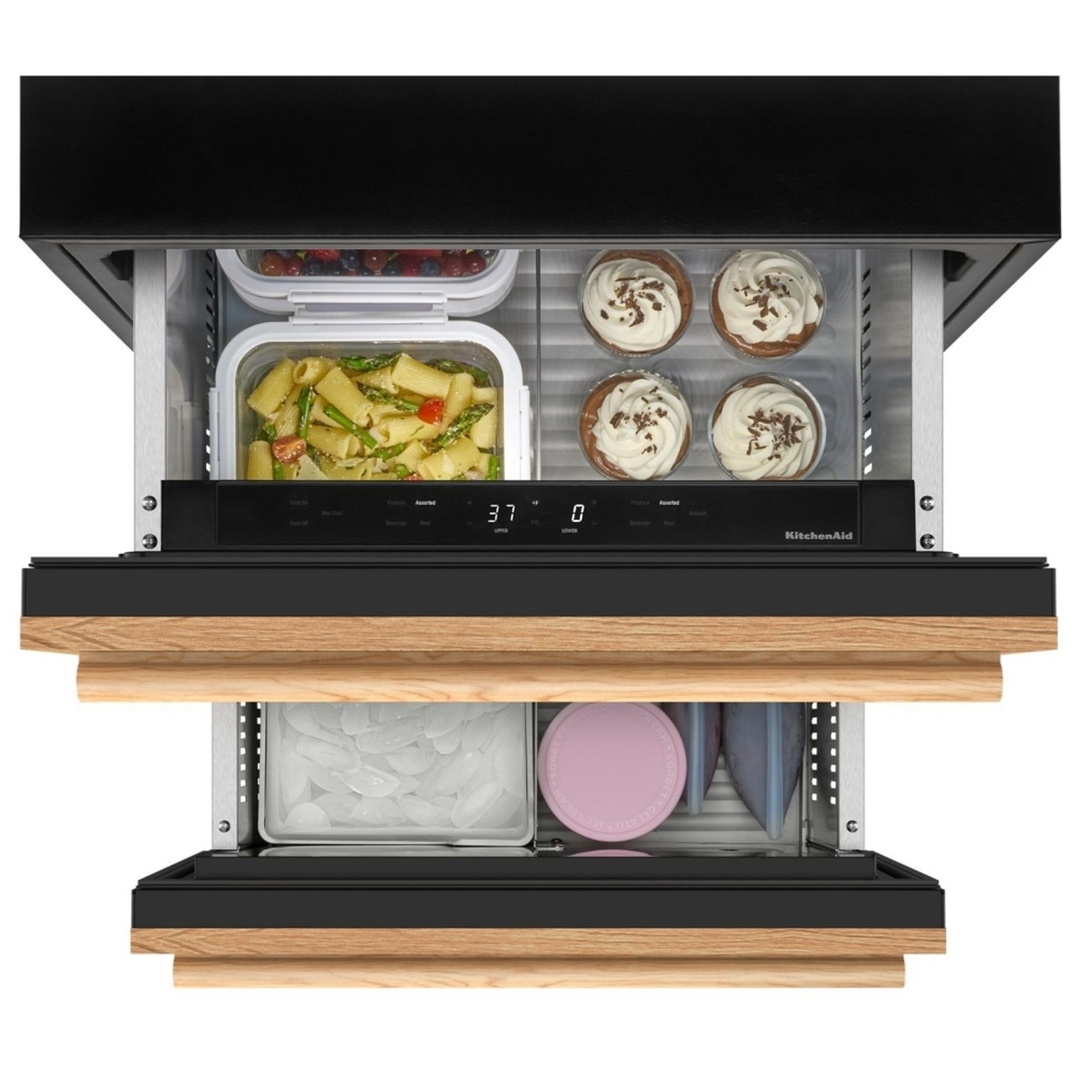 KitchenAid KURT524SPA double-drawer refrigerator with both drawers fully extended, showing food items stored inside and the backlit dual-zone control panel between drawers