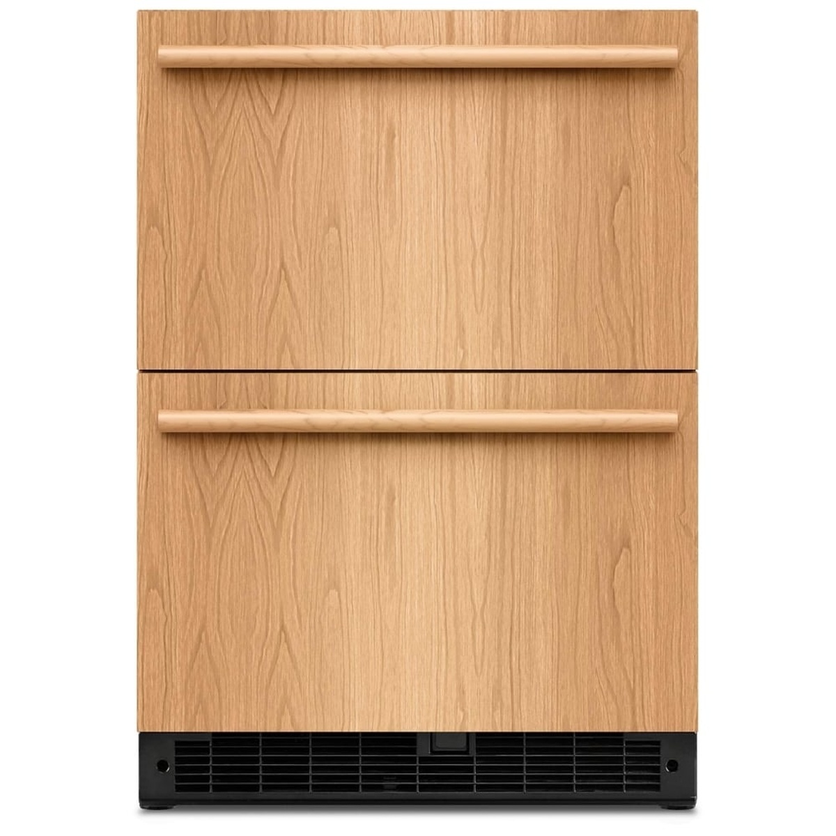 KitchenAid KURT524SPA undercounter double-drawer refrigerator with custom wood panel fronts fully installed, straight front view showing horizontal handles and black toe-kick base