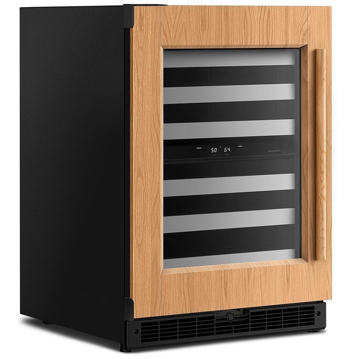 KitchenAid KUWL324SPA angled front view showing panel-ready wood door, UV-protected glass window, backlit temperature display, and black cabinet with ventilation grille