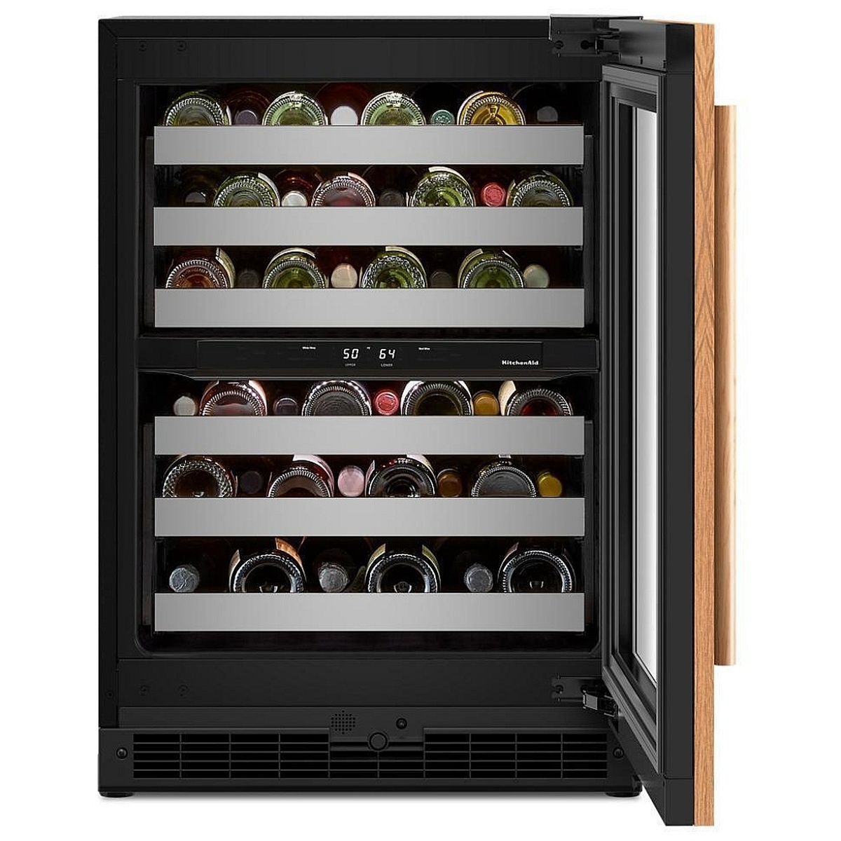 KitchenAid KUWL324SPA interior with door open, showing six full-extension metal-front racks loaded with wine bottles and the dual-zone backlit temperature display reading 50 and 64 degrees