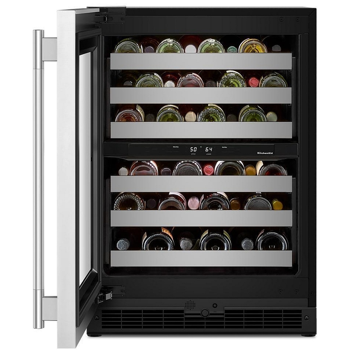 KitchenAid KUWL324SSB open door view showing six full-extension metal-front racks fully loaded with wine bottles across both temperature zones