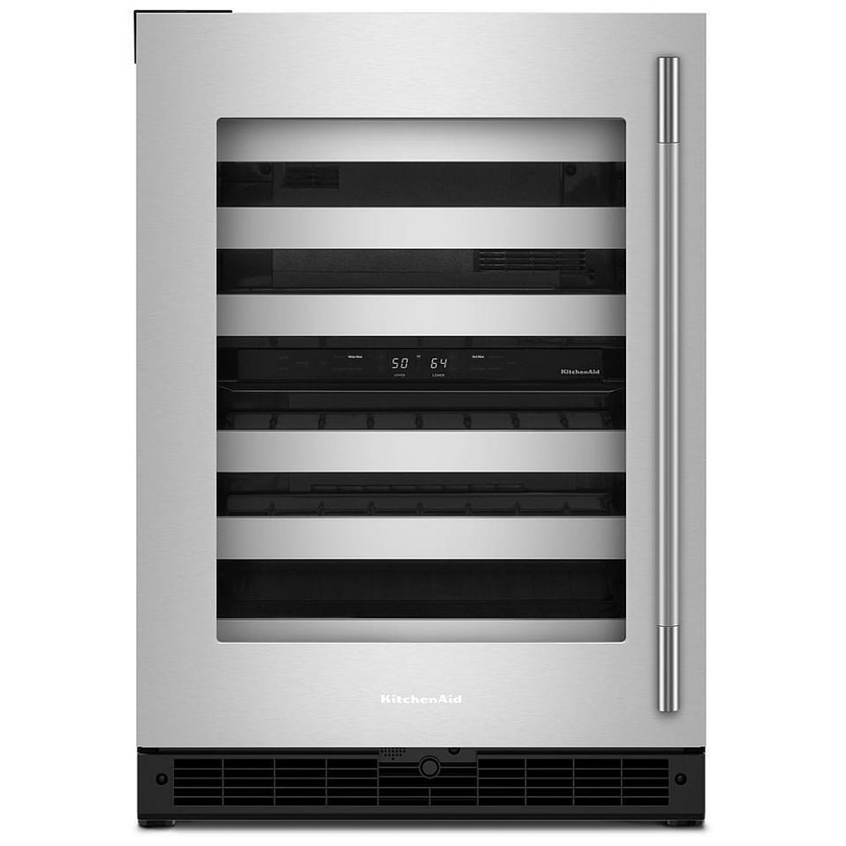 KitchenAid KUWL324SSB front view showing stainless steel framed glass door, vertical reach-through handle, and dual-zone backlit touch control panel on the zone divider