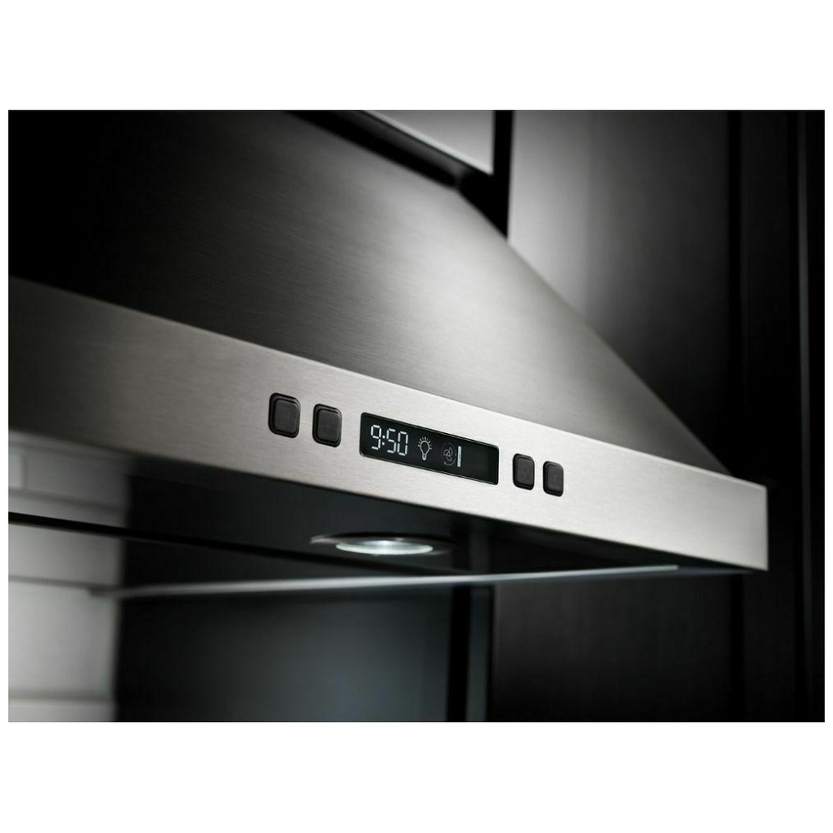 Close-up of the KitchenAid KVUB600DSS front-edge control panel showing the LCD display with fan speed, light, and timer indicators alongside touch-control buttons