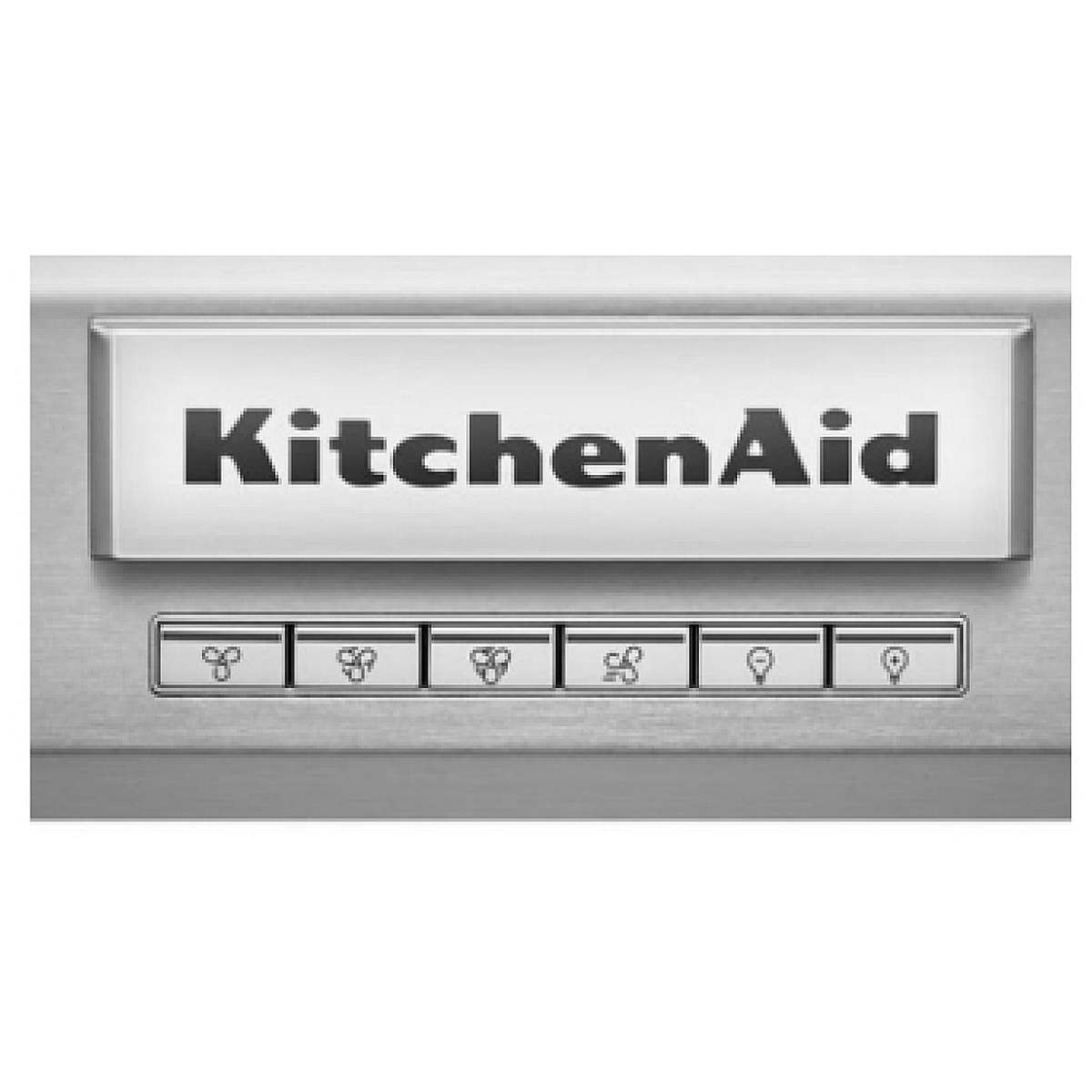 Close-up of KitchenAid KVWC908KSS front-mounted push-button control panel with fan speed and lighting icons