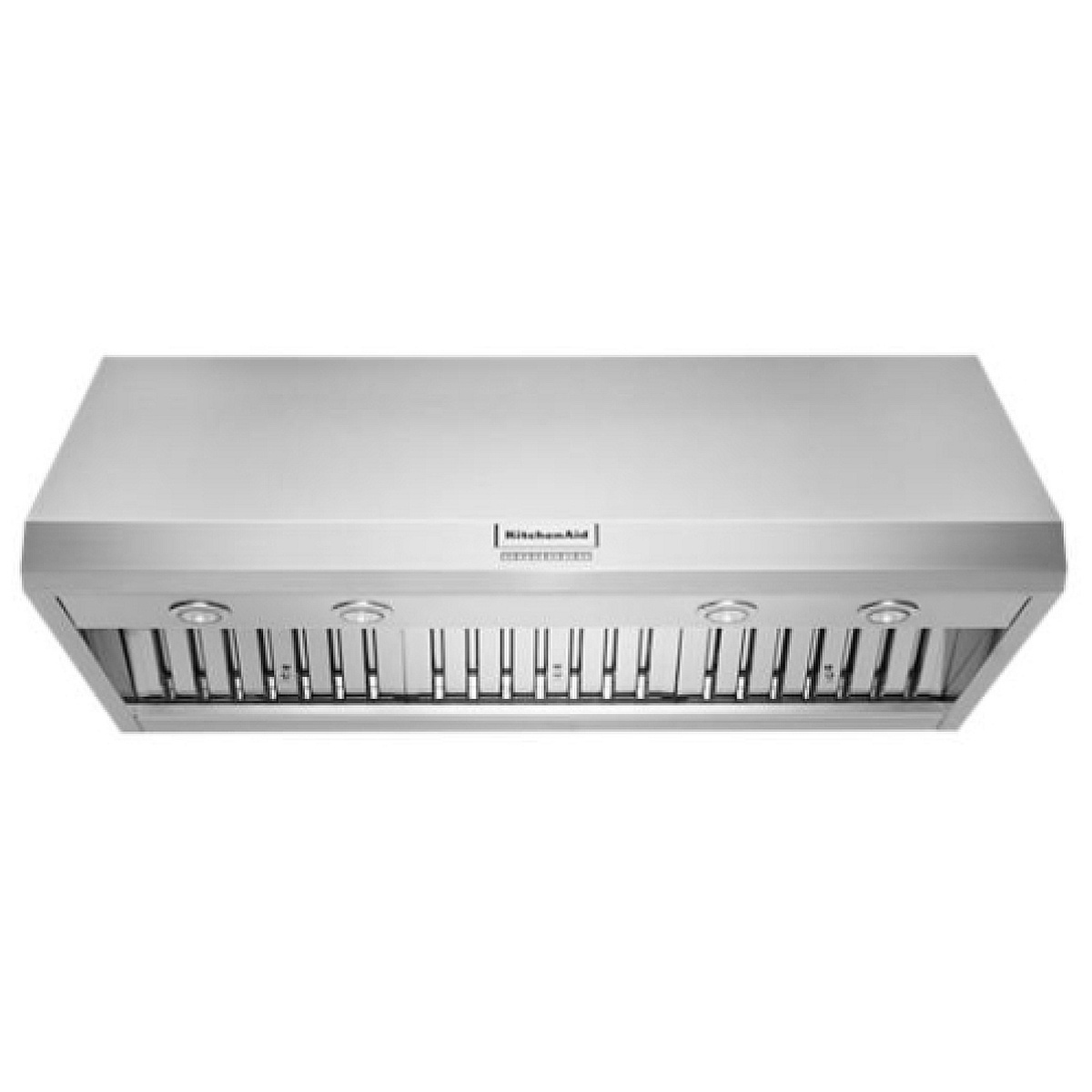 Underside front view of KitchenAid KVWC908KSS showing stainless steel baffle filters and four LED task lights