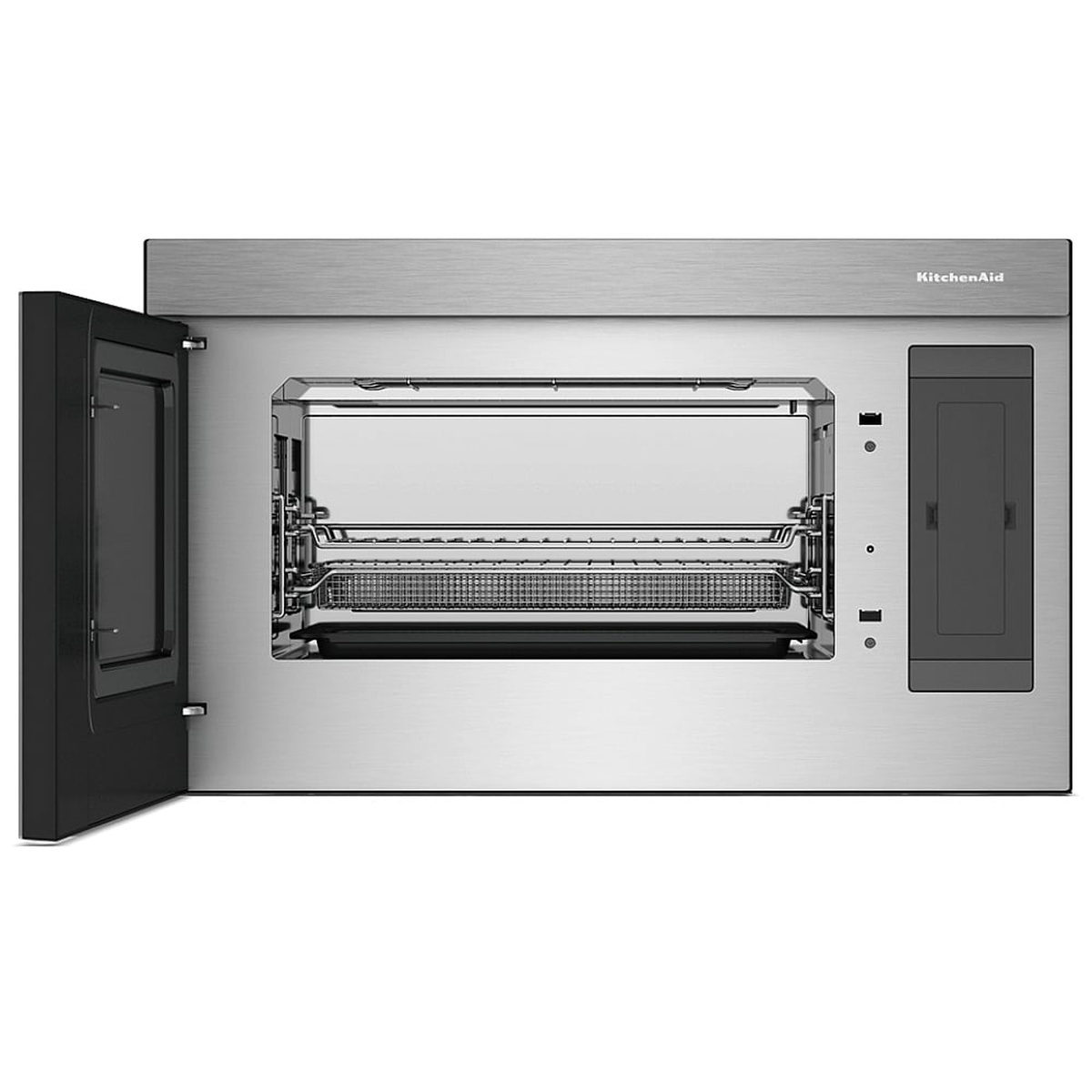 KitchenAid YKMMF530PPS with door open showing stainless steel interior cavity, metal rack, and grill heating elements