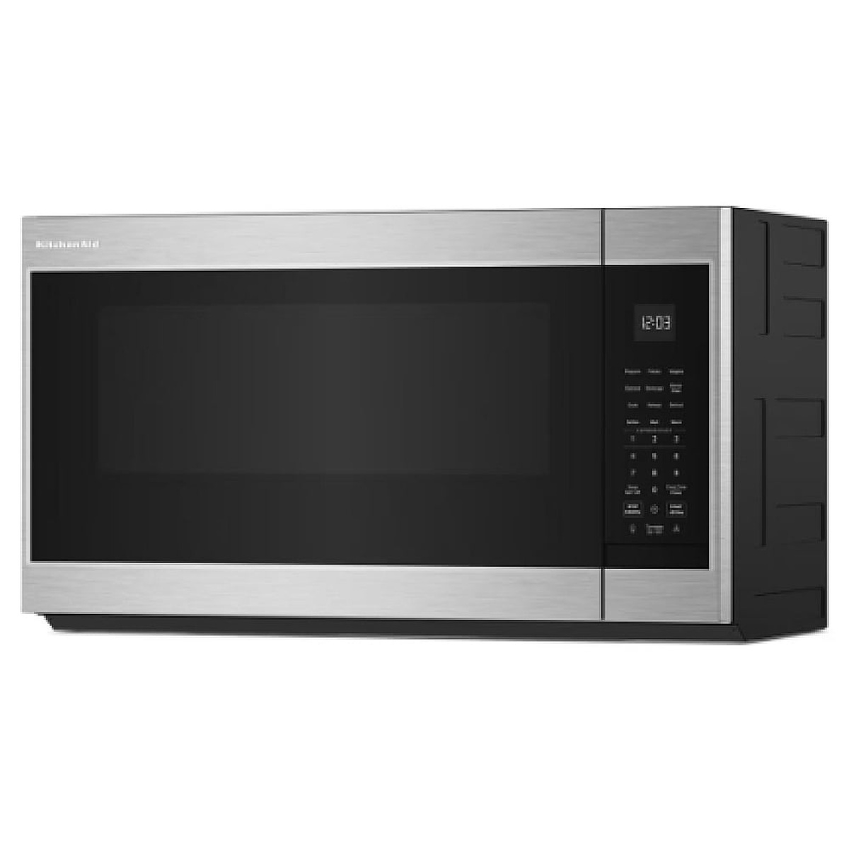 Three-quarter angle view of the KitchenAid YKMMS130RPS over-the-range microwave showing the PrintShield stainless steel and black glass exterior with the right-side touch control panel