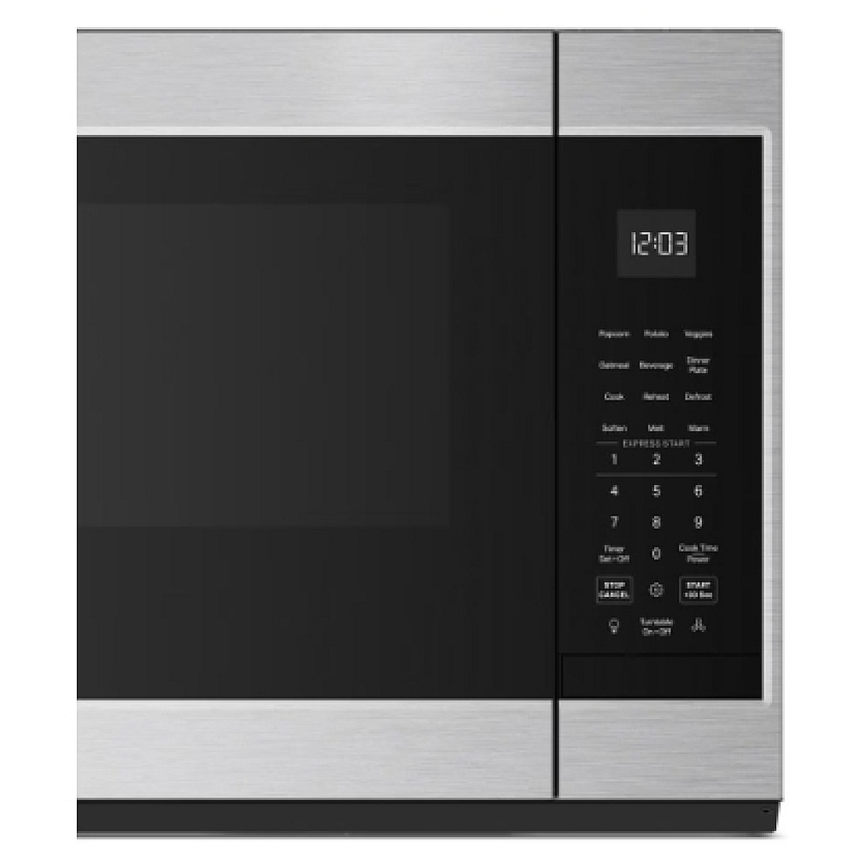 Close-up front view of the KitchenAid YKMMS130RPS control panel showing preset labels including Popcorn, Potato, Oatmeal, Beverage, Cook, Reheat, Defrost, Soften, Melt, Warm, Express Start number pad, Timer, Stop/Cancel and Start buttons