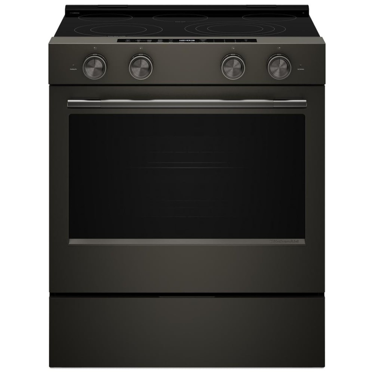 KitchenAid YKSES530SBE electric slide-in range front view in Black Ore finish with five-element smoothtop cooktop, front-mounted knobs, and storage drawer