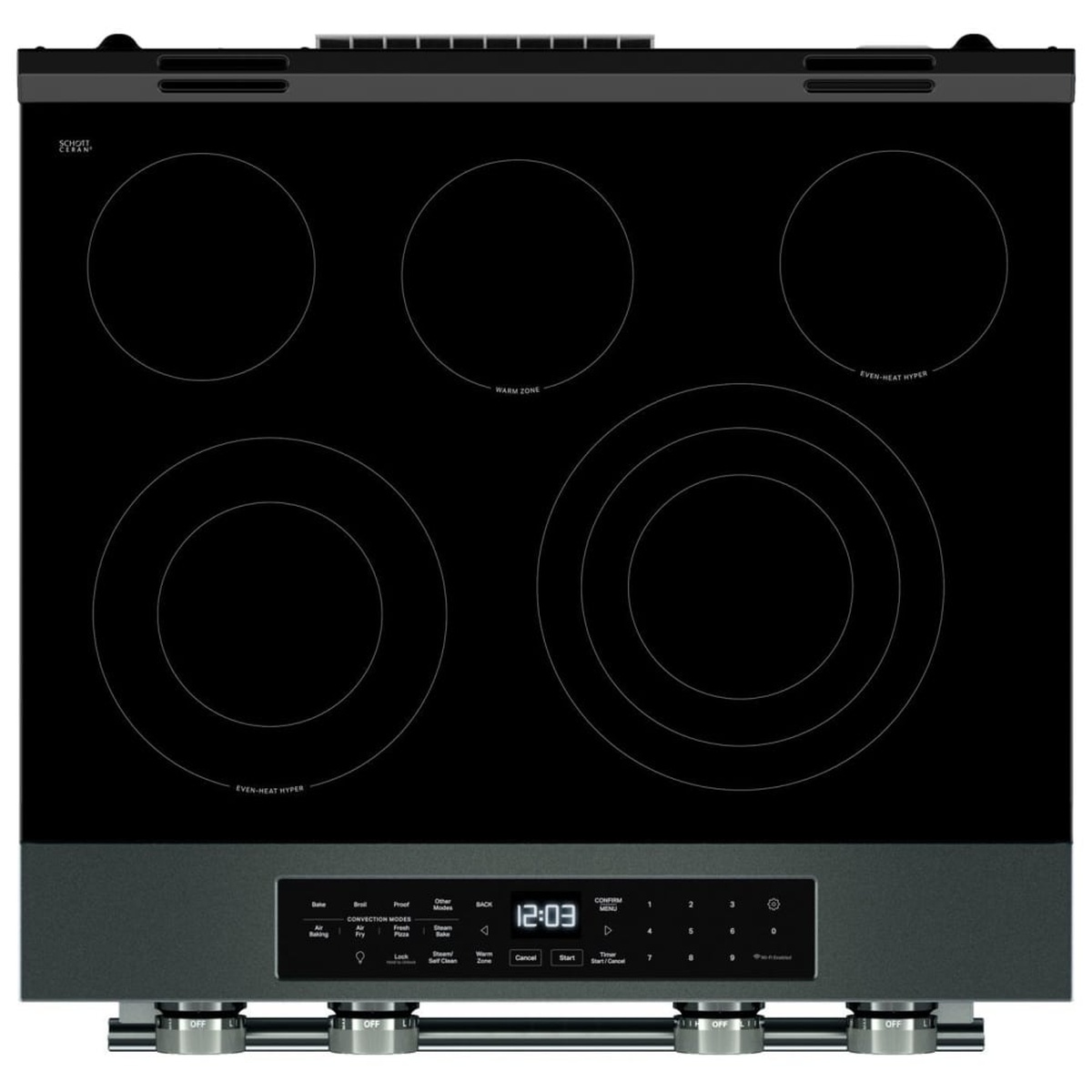 Top-down view of the ceramic glass cooktop with five cooking zones and a front touch control panel