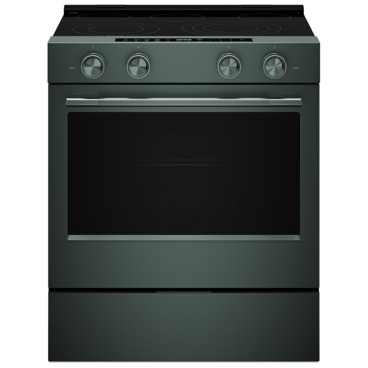 Front view of the KitchenAid slide-in electric range in a dark green finish with four front knobs, wide oven window, and lower storage drawer