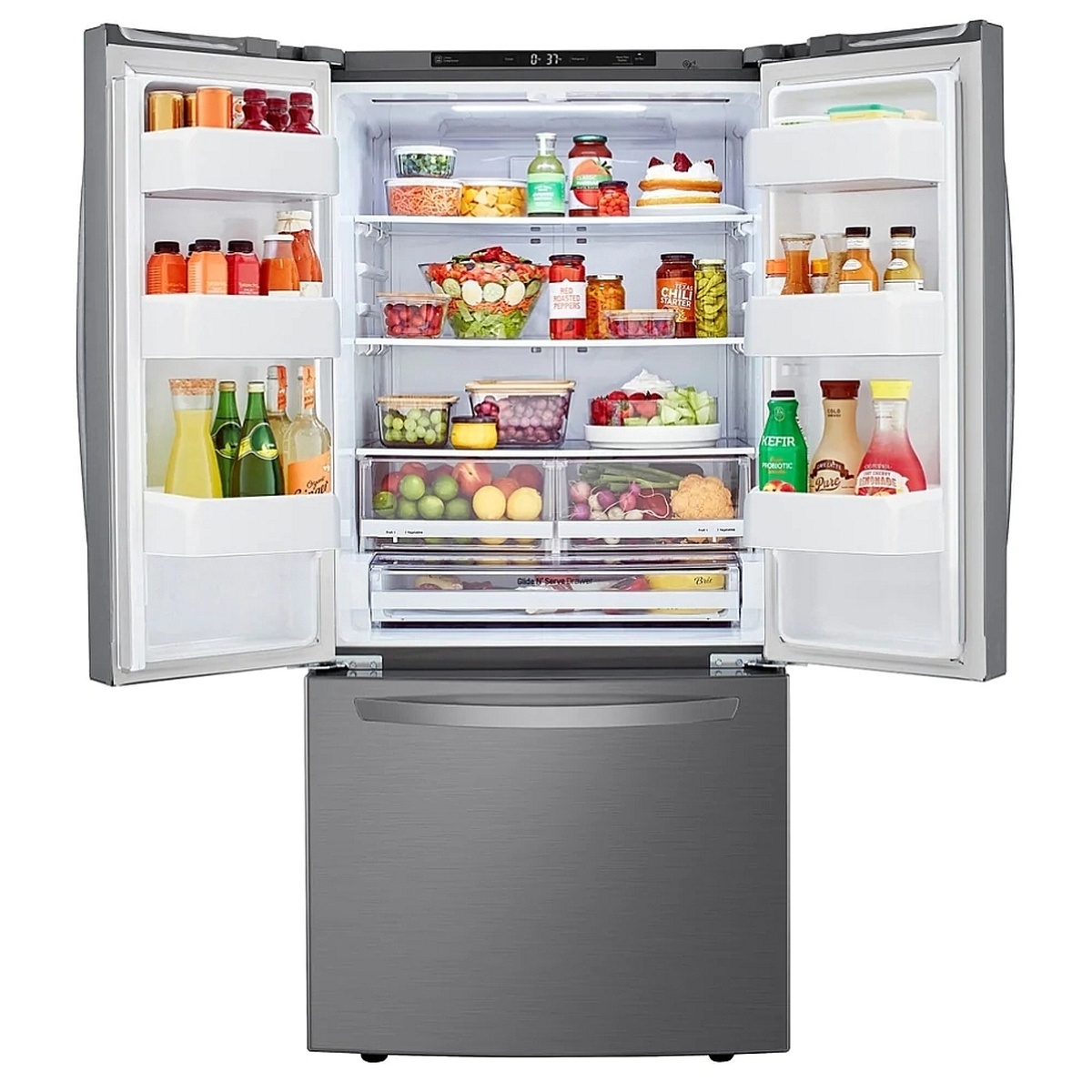 Open LG French door refrigerator showing stocked interior shelves, door bins, crispers, and a wide pantry drawer