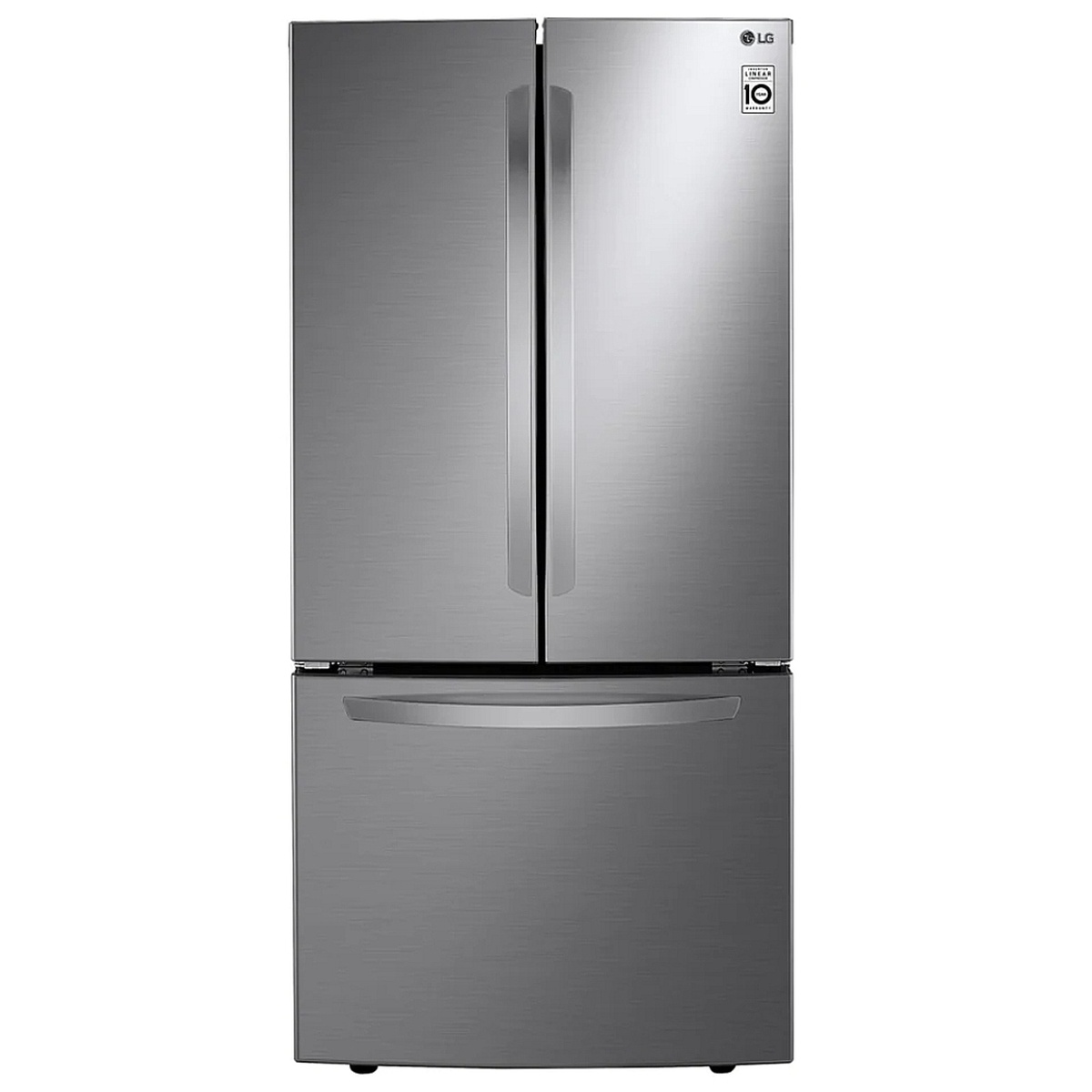 Front view of LG LRFNS2503V French door refrigerator in platinum silver steel with bottom freezer drawer